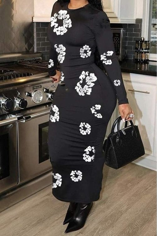 Black Maxi Dress W/Floral Print